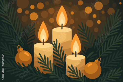 Festive surrounded flames illustration vector pine intimate glow golden candle creating
