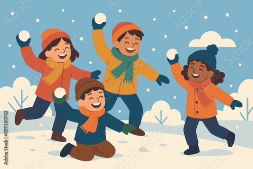 Colorful festive children clear fun snowy throwing smiles illustration snow scarves vector