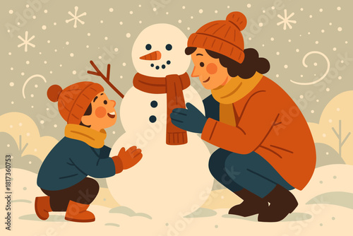Parent snowflakes snowman simple together glowing illustration building cheeks vector child unity