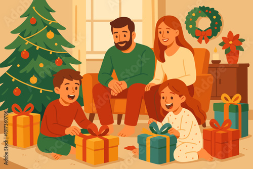 Joyful gifts excitement illustration vector enhancing decorations natural light colors morning christmas