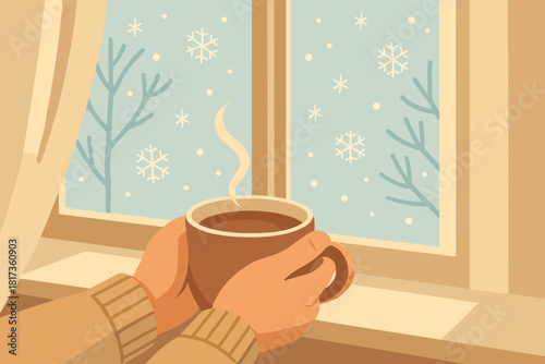 Winter tranquility filled window tea outside holding peaceful morning snowflakes vector illustration