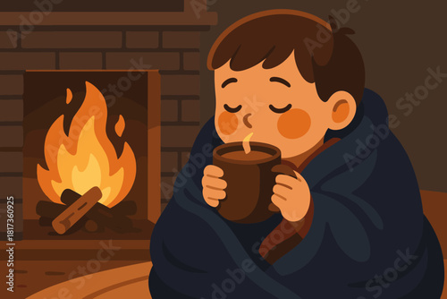 Hot winter heartwarming soft vector child cheeks cozy blanket chocolate illustration sipping