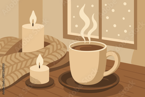 Cozy calm cup setting table during tones illustration expressing afternoon vector cocoa