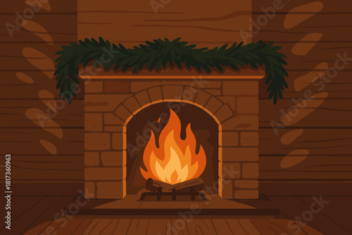 Wooden natural fireplace interior walls holiday textures cozy illustration vector decorated cast