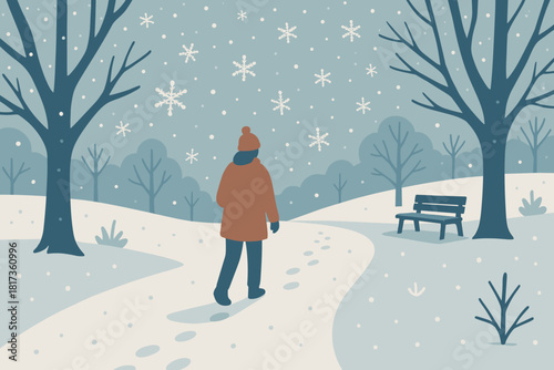 Marking illustration park vector path falling serenity person soft through snowy stroll