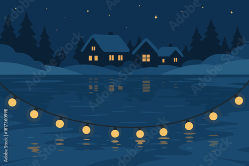 Warmly contrast houses warm vector composition lights garland winter glowing joyful lake