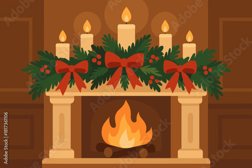 Mantle branches season cozy illustration christmas vector decorated interior fireplace candles intimate