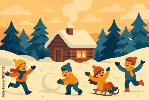 Bliss snowy playing vector frosty cabin radiating life warm joy outside illustration