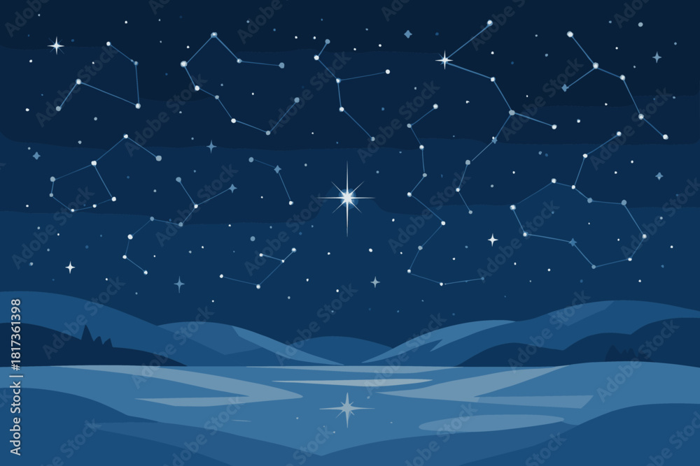 Naklejka premium Sky night twinkling vector hills constellations soft landscape dreamy creating starry reflecting