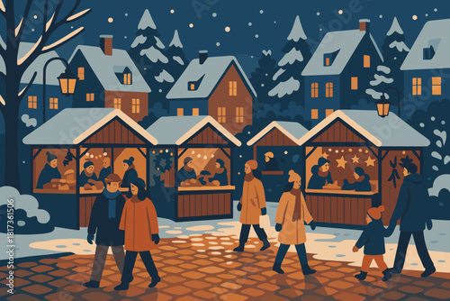 Strolling stalls cozy village reflecting vector market between winter illustration stroll cobblestones