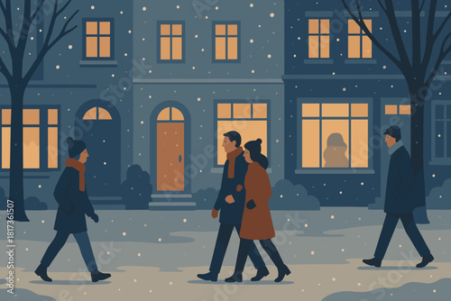Snowflakes past glowing quiet evening street air stroll vector walking scene winter