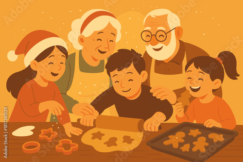 Cookie light flour grandparents baking vector illustration happiness gesture together family radiating