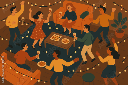 Room dynamic guests vector illustration living festive composition furniture above rhythm glowing