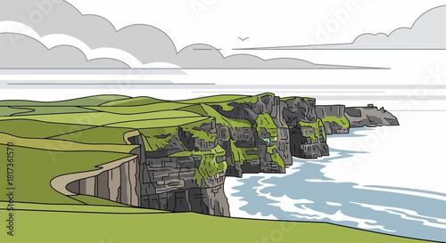 Coastal cliffs meet the ocean under a cloudy, overcast sky.