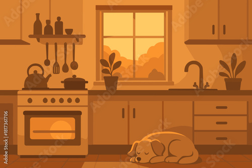 Vector quiet kitchen cozy stove casting small illustration near peaceful evening light