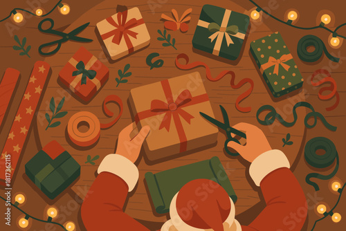 Overhead wooden illustration round wrapping enhancing lights paper string workshop santa vector