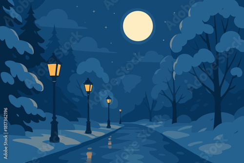 Under glowing reflections filled street winter vector calm illustration moonlit atmosphere still