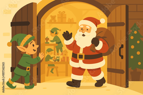 Out enters vector teamwork illustration s golden opening workshop glow door santa