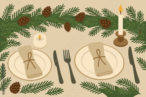 Minimalist still vector illustration festive decorations dinner forming holiday candles table plates