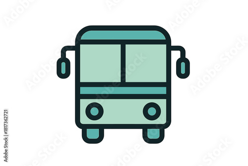 Public transportation bus viewed from the front, depicted with thick outlines and a modern teal color palette