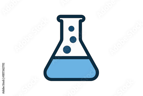 Laboratory conical flask icon with blue liquid and bubbles for chemical research