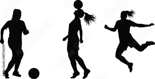Female soccer player silhouettes performing football skills, dribbling, juggling and kicking ball, dynamic sports vector illustration for athletic design projects