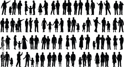 Family silhouettes collection of parents and children walking, talking and interacting in various poses, vector illustration set for design