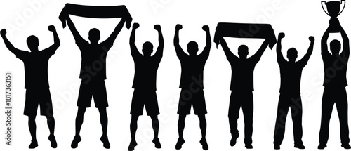 Group of excited sports fans cheering with raised arms celebrating victory holding banners and trophy silhouette illustration, joyful crowd design
