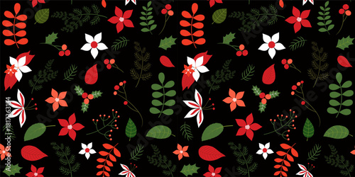 Floral seamless vector pattern with red and green leaves and flowers for Christmas backgrounds and wrapping paper
