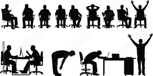 Office worker silhouette collection in various sitting, standing and stressed postures, business meeting, computer work and workplace activity illustration set