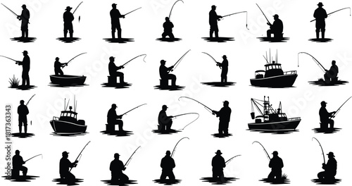 Silhouette collection of fishermen with fishing rods boats and outdoor scenes representing angling hobby recreation sport activity illustration for fishing themed design
