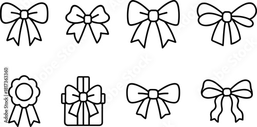 Vintage Christmas toys and gifts icons set. Rocking horse, nutcracker, teddy bear, decorations. Outline vector illustrations