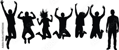 Silhouette group of happy jumping people celebrating success and joy together, energetic crowd in motion, black isolated figures on white background