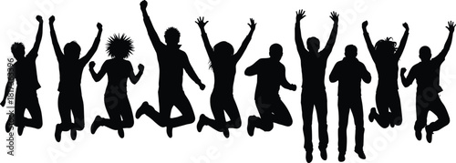 Silhouette group of happy people jumping in celebration, energetic crowd expressing joy and excitement, active lifestyle youth illustration design, black