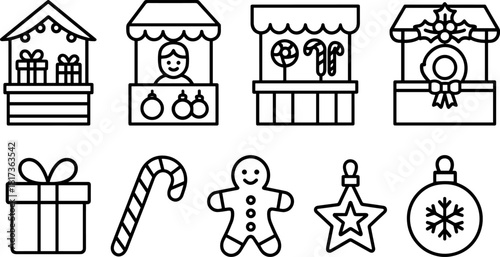 Vintage Christmas toys and gifts icons set. Rocking horse, nutcracker, teddy bear, decorations. Outline vector illustrations