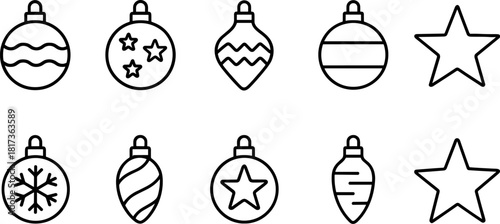 Vintage Christmas toys and gifts icons set. Rocking horse, nutcracker, teddy bear, decorations. Outline vector illustrations