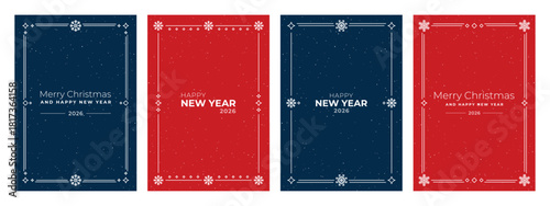 Merry Christmas and Happy New Year 2026 vector greeting card template. Festive background with snowflake and decorative frame element for holiday design.