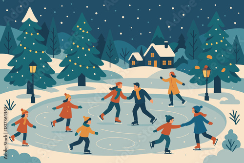 Festival decorated vector skating rink winter lanterns illustration distant park lights scene