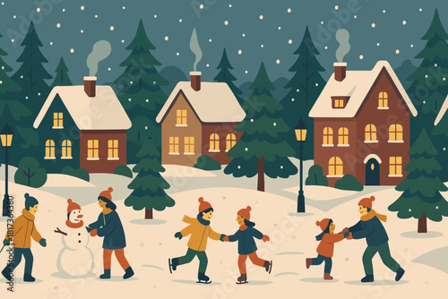 Falling streets joy outdoor illustration panoramic village winter games cottages vector glowing