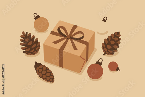 Scene pine wrapped flat elegant vector festive surrounded minimal still illustration joy