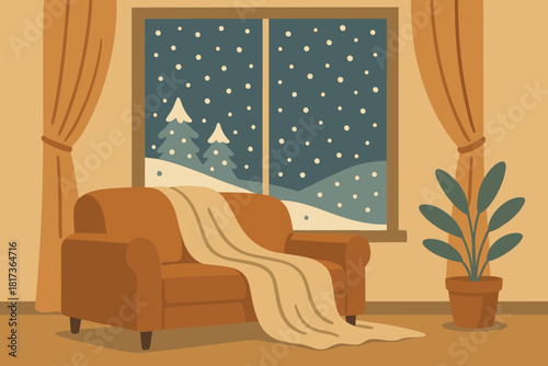 Retreat gentle snowfall cozy illustration vector view outside indoor cold soft winter
