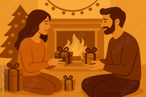 Vector tenderness affection warm holiday setting exchange small beside boxes highlighting illustration