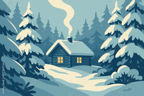 From contrasting chimney frosty retreat against forest trees illustration peaceful vector icy