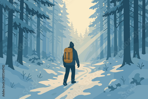 Snow trees hike scene forest trail reflection cutting through vector hiker winter