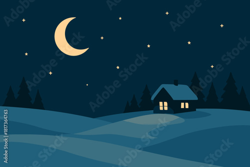 Lights illustration minimal night above snowy balance winter field scene vector warm
