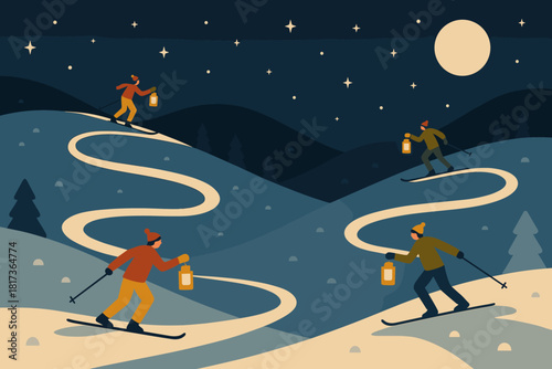 Illustration vector hills snowy light holding joyful movement peace winding skiers lantern