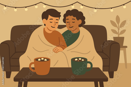 Social cozy vector moment faint cocoa from setup sharing sofa table blanket