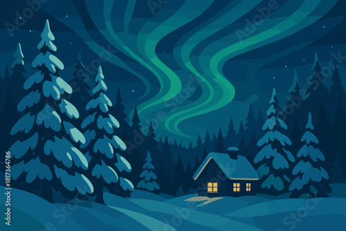 Vector aurora under illustration forest frozen above enchanted blues mood night gentle