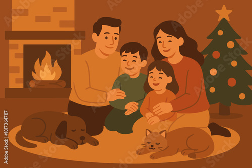 Illustration soft gathering family warmth vector enhancing cozy rug holiday togetherness pets
