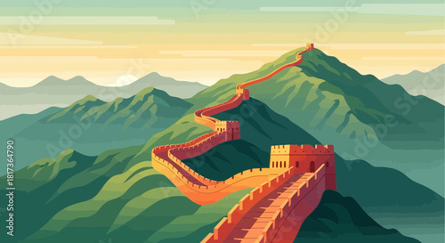 An artistic illustration of the Great Wall of China winding through mountainous terrain.